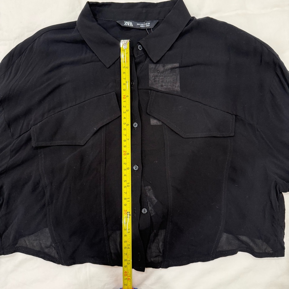 NWT Zara Black Sheer Button-Up Cropped Shirt - Picture 5 of 7